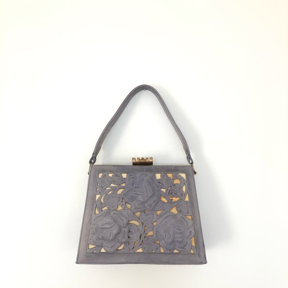 Vintage Gray Blue Embossed Leather Cut Outs Purse Bag Handbag